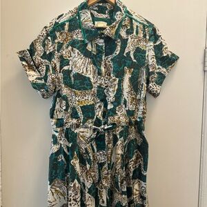Maeve Anthropologie Tiger/Cheetah handkerchief hem button front dress